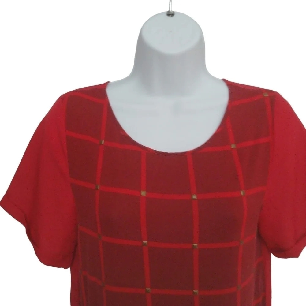 Attitude by Jay Manuel Blouse/T-shirt Brass Studs, Checker, Red, M - Picture 2 of 9